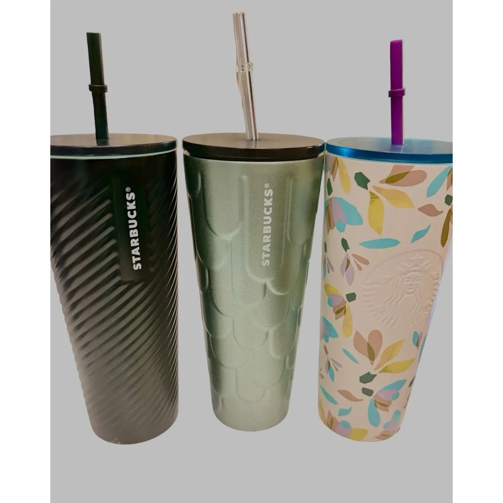 Starbucks Stainless Steel Tumbler Lot 3 Snowdrop Black Ribbed Green Swirl